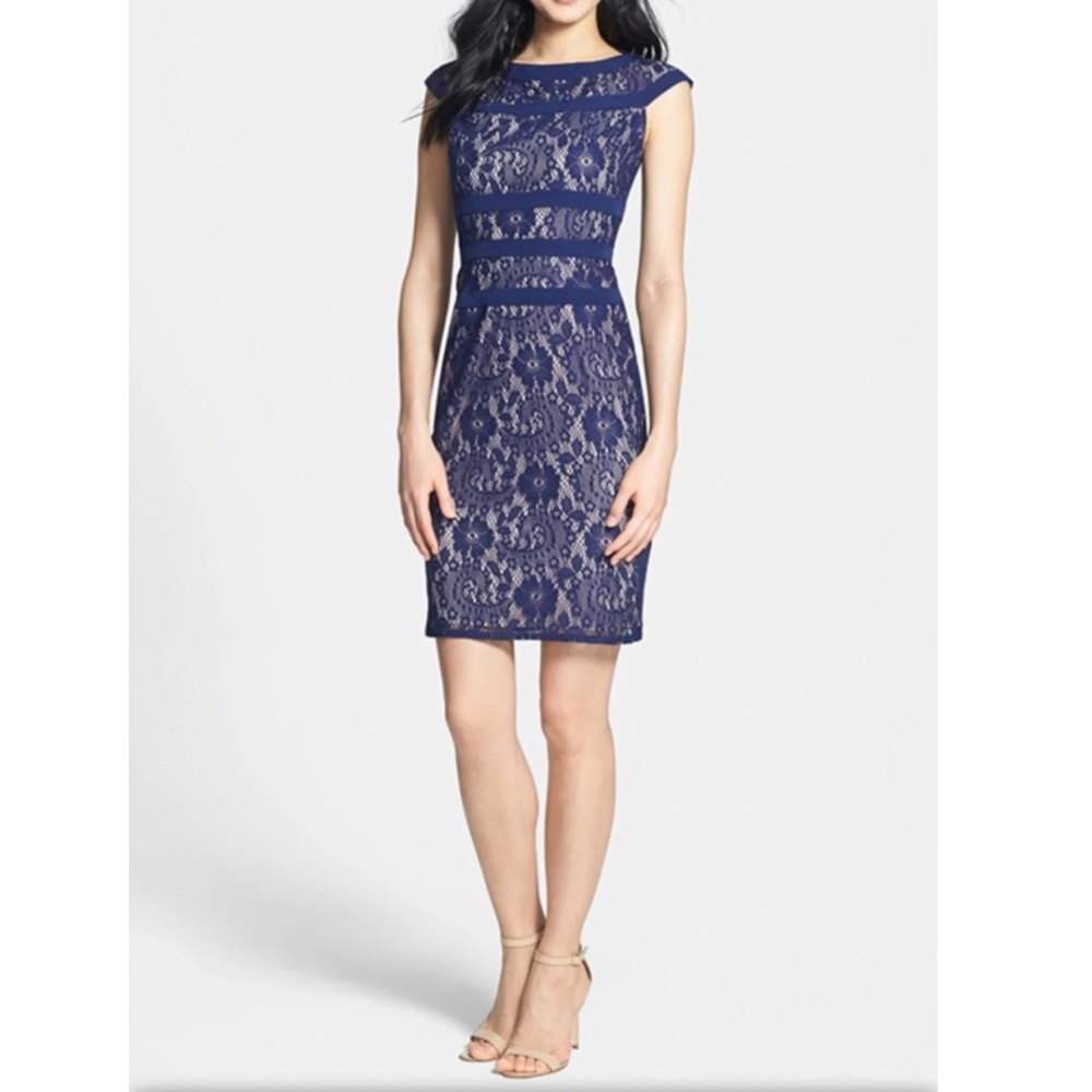 Adrianna Papell Blue Lace Sheath Dress Size 2